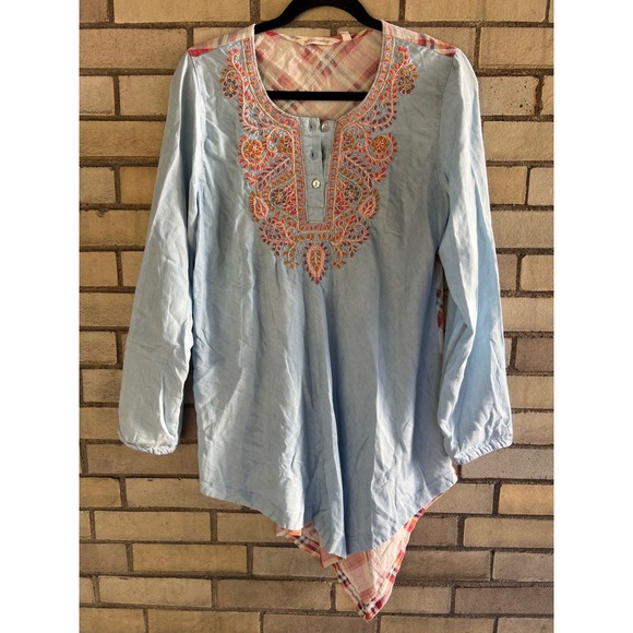 Soft Surroundings Tops - Soft Surroundings Fall Plaid Back Embroidered Henley Tunic Top Blue Size Small
